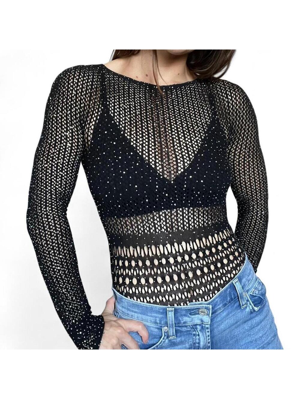 Black Mesh Lace Bodysuit with Rhinestones